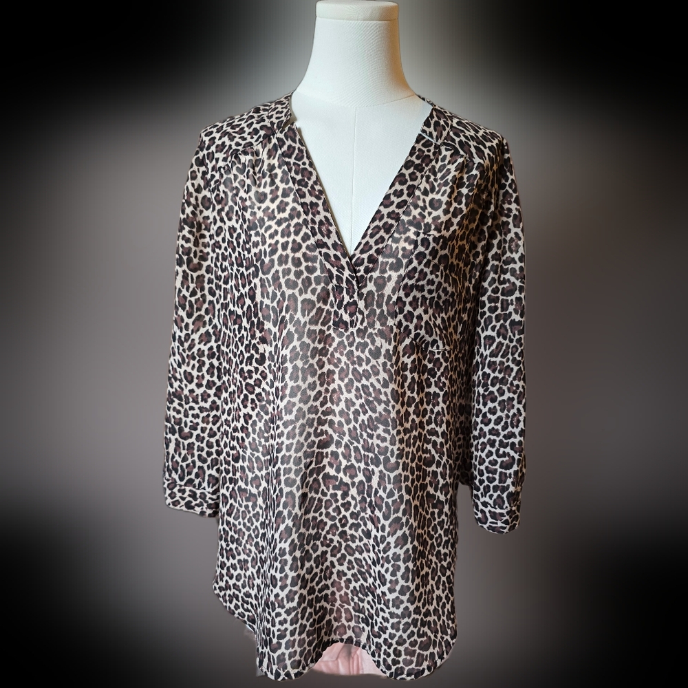 Leopard Print V-Neck Women's Top - Brown/Black